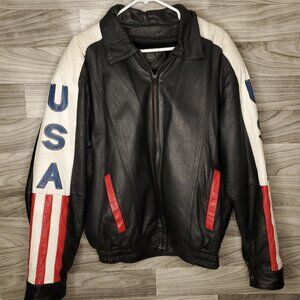 Vintage LEE WORLD 80s American Flag USA Leather Bomber Jacket Large
